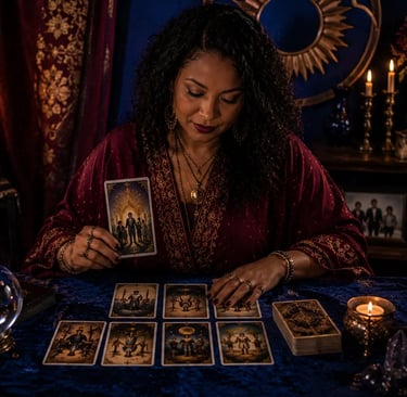 Cartomante analisa cartas de tarot sobre assuntos de família na mesa.