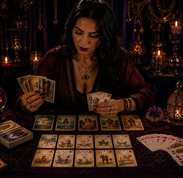 Cartomante faz leitura de cartomancia com cartas de Tarot e Baralho Cigano
