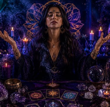 Cartomante conduz leitura de tarot focada em conexão espiritual
