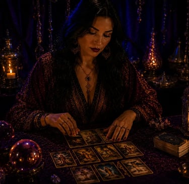 Cartomante tarólogo realizando leitura profissional espalhando as 78 cartas do Tarot sobre a mesa