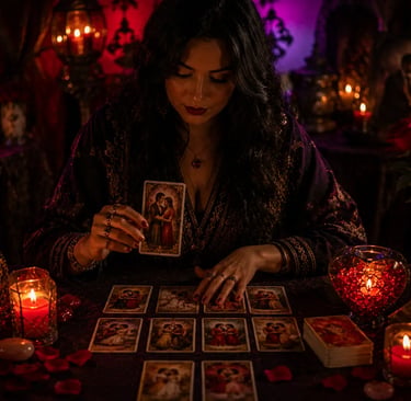 Cartomante tarólogo realizando consulta de tarot do amor online com cartas espalhadas sobre mesa