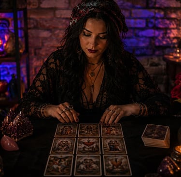 Três cartas de tarot alinhadas para leitura de amor sobre passado e futuro