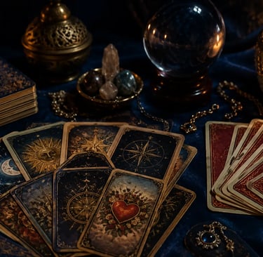 Cartomante exibe cartas de tarot e de baralho cigano juntas em uma leitura.
