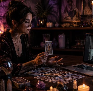Mãos de cartomante mostrando carta de Tarot em frente à tela do notebook durante consulta online