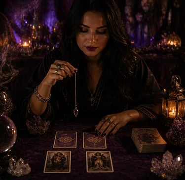 Mão de cartomante segurando pêndulo sobre cartas de Tarot na mesa para responder  sim ou não 