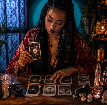 Cartomante responde a uma pergunta sobre dinheiro usando cartas de tarot.