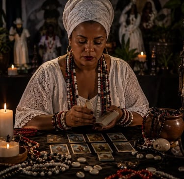 cartomante umbandista jogando cartas de baralho cigano em consulta
