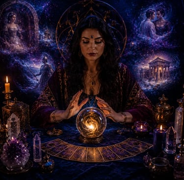 Cartomante realiza leitura de tarot focada em carma e vidas passadas.