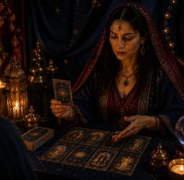 Cartomante vidente realizando consulta pessoalmente com cliente, analisando as cartas de tarot