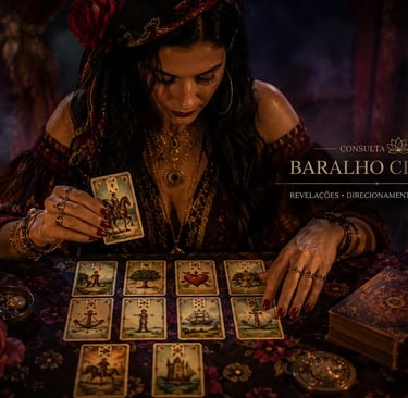 Mãos abrem cartas em uma consulta de baralho cigano com velas acesas
