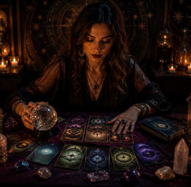 Especialista realizando consulta de oráculos sobre futuro com baralho cigano e tarot