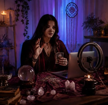 Tarólogo faz leitura de tarot online sobre vidas passadas na mesa