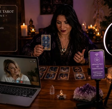 Tarólogo realiza leitura de tarot online através da tela de um notebook.