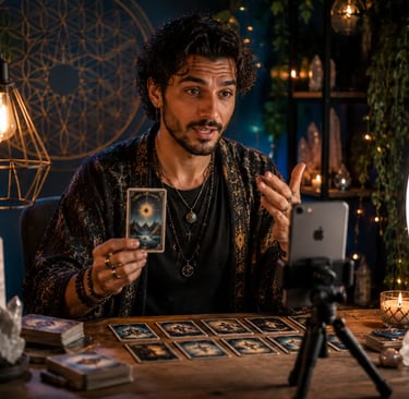 Tarólogo e cartomante realizando consulta online de cartas