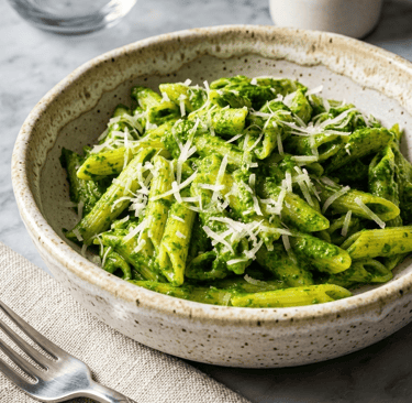 Penne pasta with vibrant green basil pesto sauce and grated parmesan cheese in a rustic ceramic bowl.