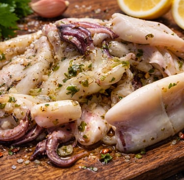 Fresh raw squid marinated with garlic, herbs, and lemon on a rustic wooden cutting board.