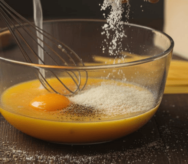 Adding grated cheese and pepper to egg yolks in a glass bowl for authentic pasta carbonara sauce.