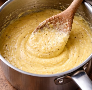 Creamy yellow grits being stirred with a wooden spoon in a stainless steel saucepan.
