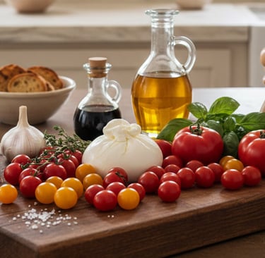 Fresh burrata cheese on a wooden board with cherry tomatoes, basil, and olive oil for an Italian appetizer.