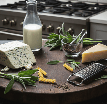 Gorgonzola and parmesan cheese with fresh sage, pasta, and cream on a rustic kitchen cutting board.