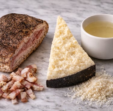 Italian guanciale, pecorino romano cheese, and pasta water for authentic carbonara recipe.