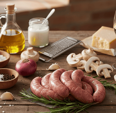 Raw Italian sausages on a rustic wooden table with fresh mushrooms, garlic, olive oil, and white wine.