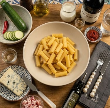 Cooked rigatoni pasta in a bowl with zucchini, blue cheese, and pancetta for an Italian recipe.