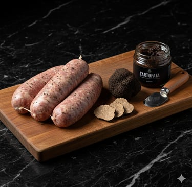 Fresh gourmet truffle sausages on a wooden board with black truffle and tartufata sauce jar.