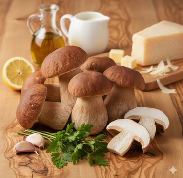 Fresh porcini mushrooms on a wooden board with olive oil, parmesan cheese, herbs, and garlic.