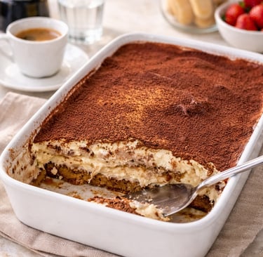 Homemade Italian tiramisu dessert in a white baking dish with cocoa powder and ladyfingers.