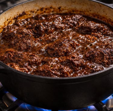 Slow-cooked beef short rib stew simmering in a black cast iron dutch oven on a gas stovetop.