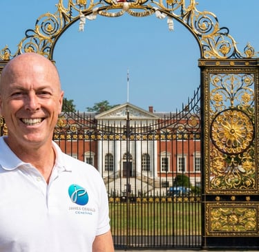 James Oswald Coaching stood in front f Warrington's Golden Gates