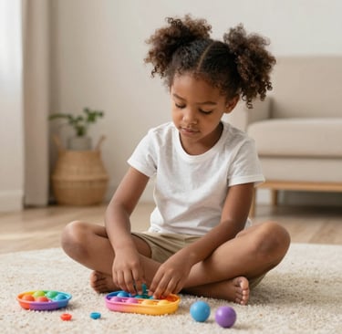 A soft pastel-colored set of sensory calming tools including a stress ball, a smooth wooden fidget toy, and a gentle lavender-scented sachet arranged on a light wooden surface.