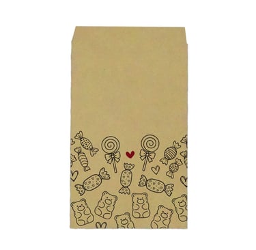kraft geschenkzakje met getekende snoepjes als bedrukking.