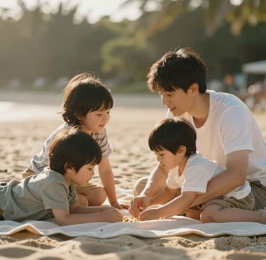 A heartfelt, candid moment of a young family playing on a soft sand colored blanket outdoors. The scene is bathed in sun-drenched, late-afternoon light, creating a warm and inviting atmosphere. Cinematic depth of field with soft, out-of-focus foliage in the background.