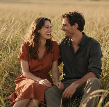 A cinematic lifestyle photograph of an authentic couple laughing together in a sun-drenched meadow. The lighting is warm and golden, highlighting soft sand tones in the tall grass. The couple wears clothing in warm terracotta and deep charcoal. The composition is candid and emotional.