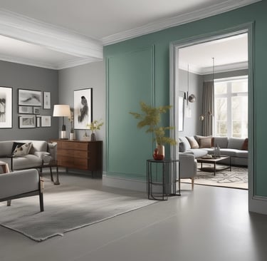 Painter finishing the edges of a colorful interior wall with precision and care.