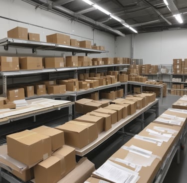 Inventory shelves organized with products, bathed in cool blue and gray lighting for a premium feel.