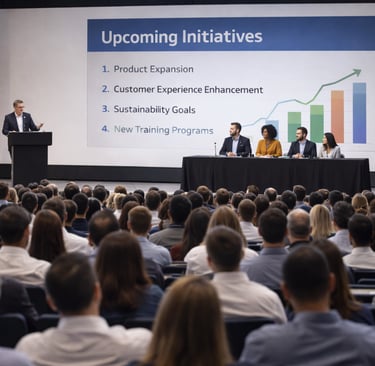 A speaker presents upcoming business initiatives to a large audience during a corporate conference.