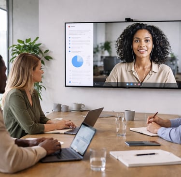 Professional team in a conference room attending a remote video meeting on a large wall display.