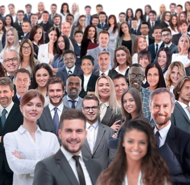 A diverse group of professional business people smiling in a corporate team setting.