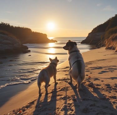 Two dogs on an Oregon beach at sunset, symbolizing partnership & adventure at Embark Therapeutic Ser
