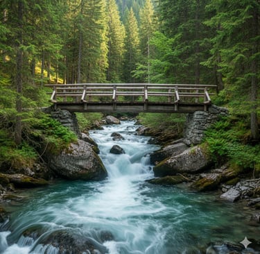 A sturdy wooden bridge over a rushing forest river, symbolizing the stability of DBT skills during emotional storms.