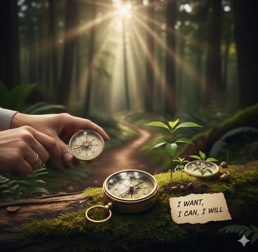 A hand holding a compass near a small sprout and a note saying I Want, I Can, I Will, on a forest trail.