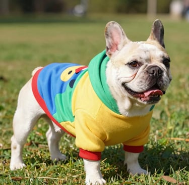 Un bulldog francés color crema, con una sudadera con capucha de un color primario llamativo