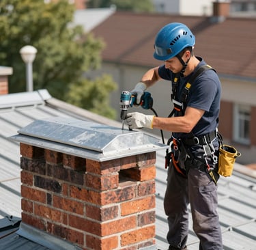 Close-up of a chimney sweep brushing soot from inside a brick chimney.