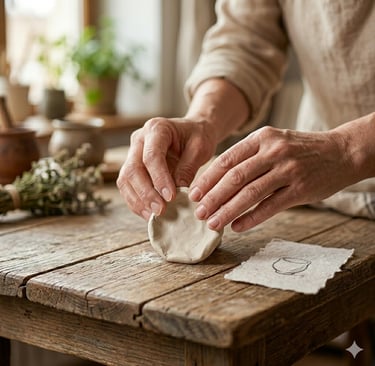 Oleiro artesanal moldando argila branca à mão sobre uma mesa rústica de madeira em um estúdio de cer