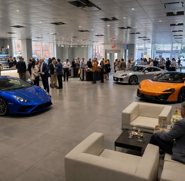 Luxury car showroom event featuring a blue Lamborghini, orange McLaren, and silver Porsche with guests networking.