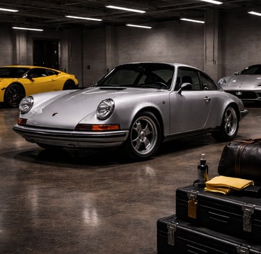 Classic silver Porsche 911 parked in a luxury garage with a yellow Lamborghini and silver Ferrari.