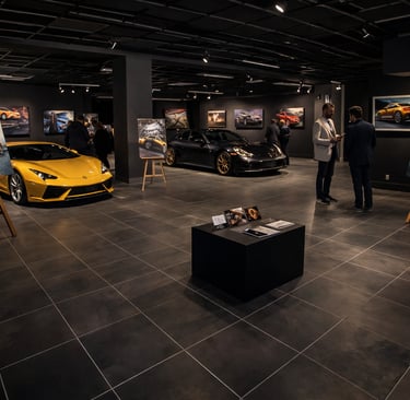 Luxury sports car art gallery exhibition featuring a yellow Lamborghini and automotive paintings.